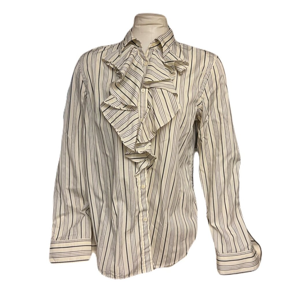 Ralph Lauren Button Down Blouse with Ruffles on Front, White & Green Stripes, XL